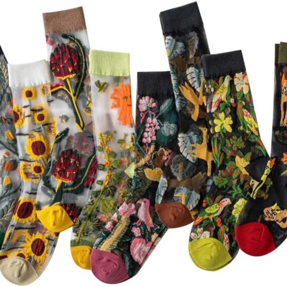 Women Floral Sheer Mesh Socks 8 Pairs Summer Thin Lace Jacquard Accessories - Picture 1 of 7